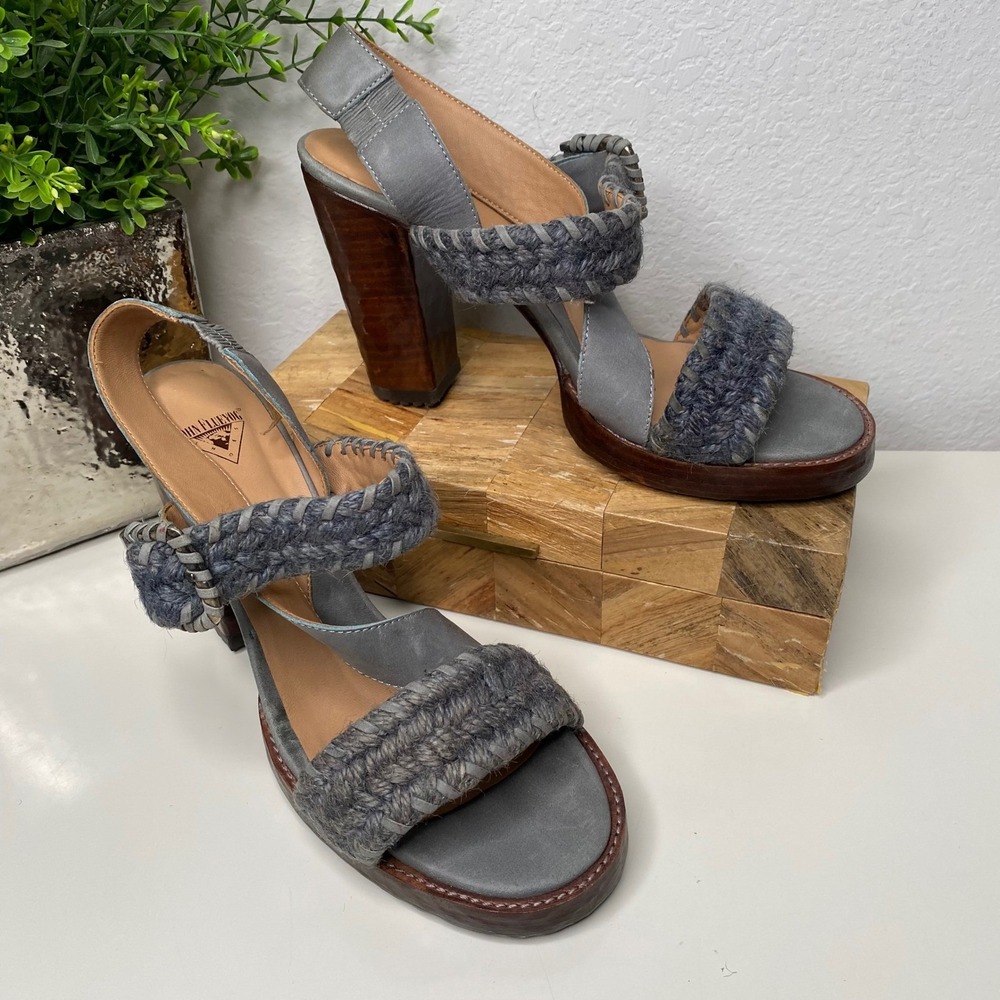 Johnโ Fluevog Hopscotch Tuggawar Gray Leather Strappy Heeled Sandals Size 11